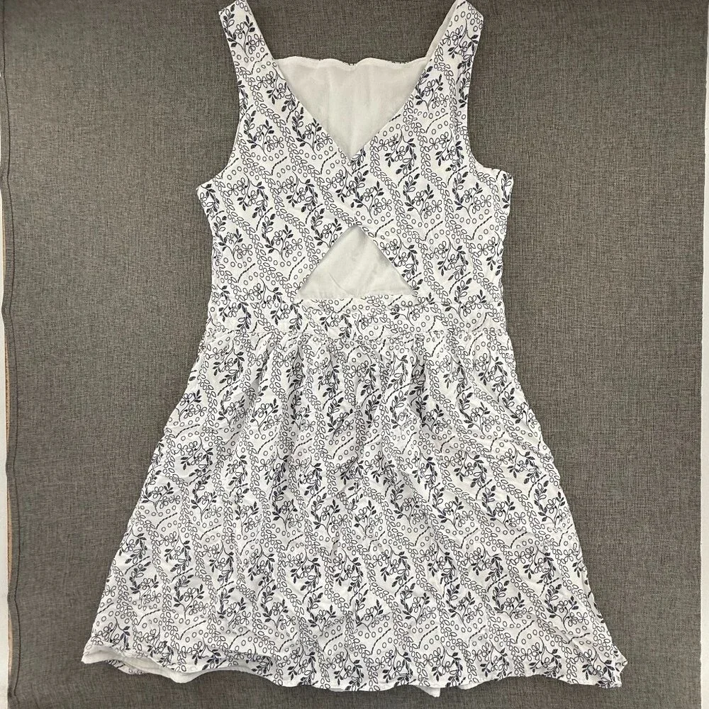 LOFT Dress Floral Lined Sleeveless Square Neck Viscose Zipper Cutout Back Blue &
